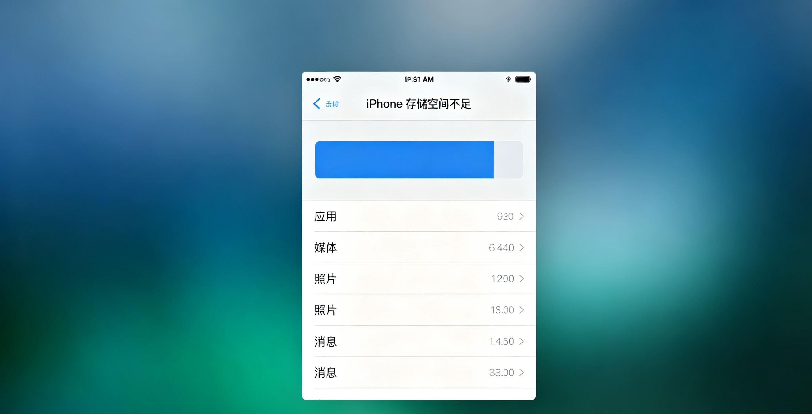 iPhone 存储空间各分类占用饼图